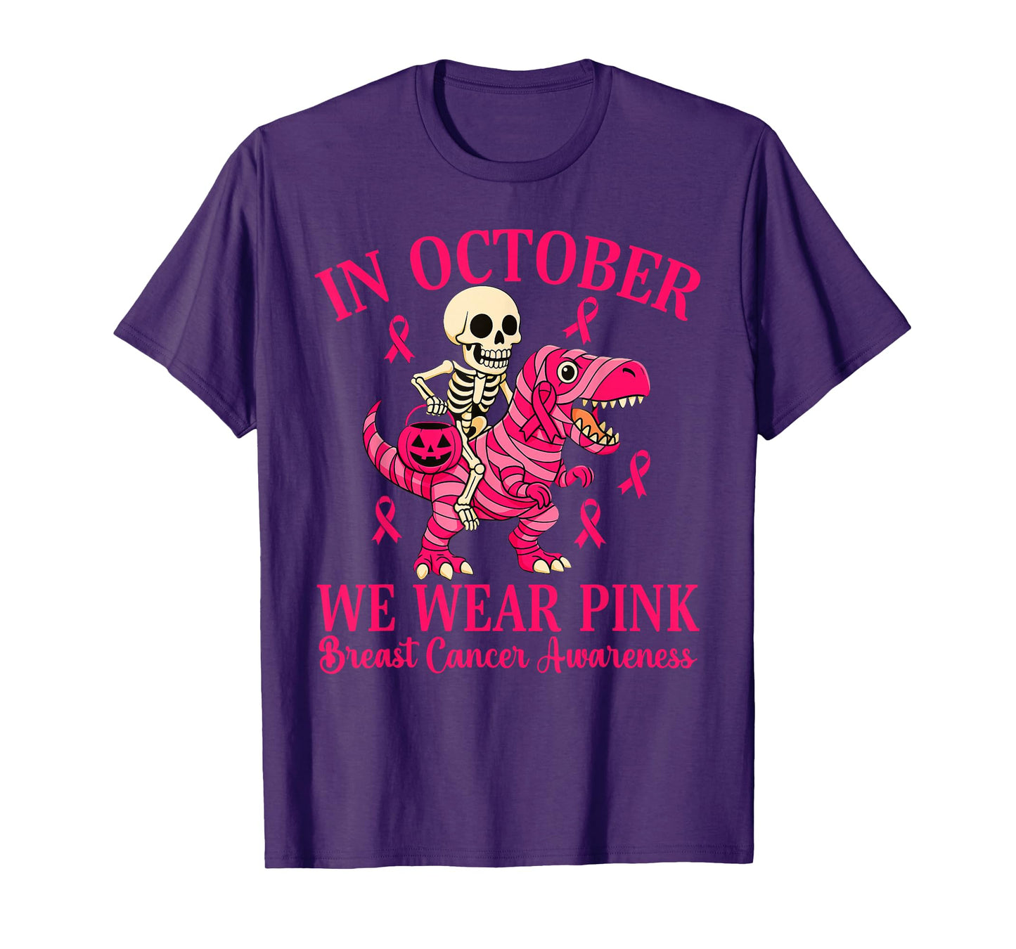 Skeleton Riding Dinosaur Trex Halloween Breast Cancer T-Shirt