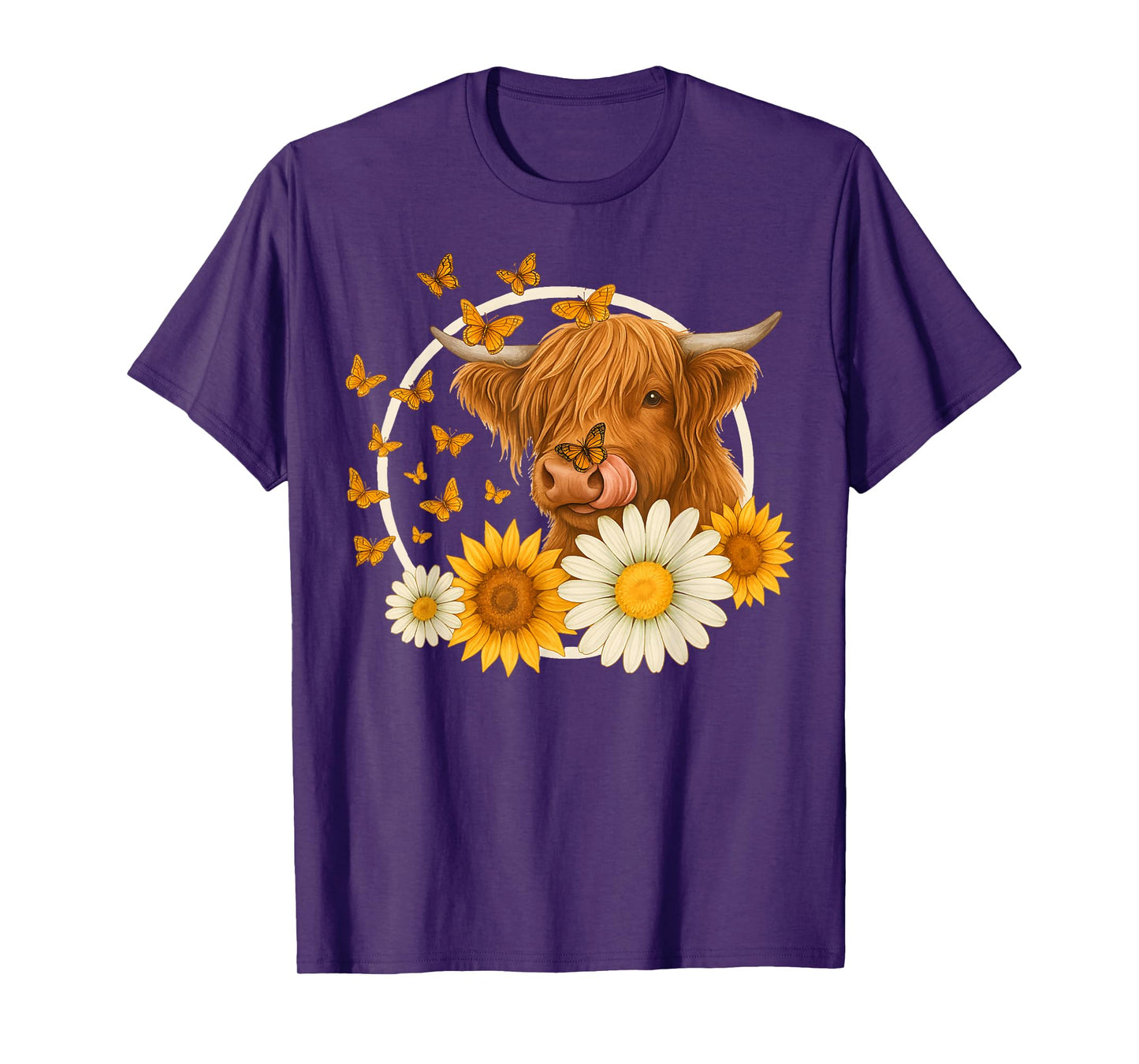 Highland Cow With Sunflowers and Butterflies Farm Animal T-Shirt