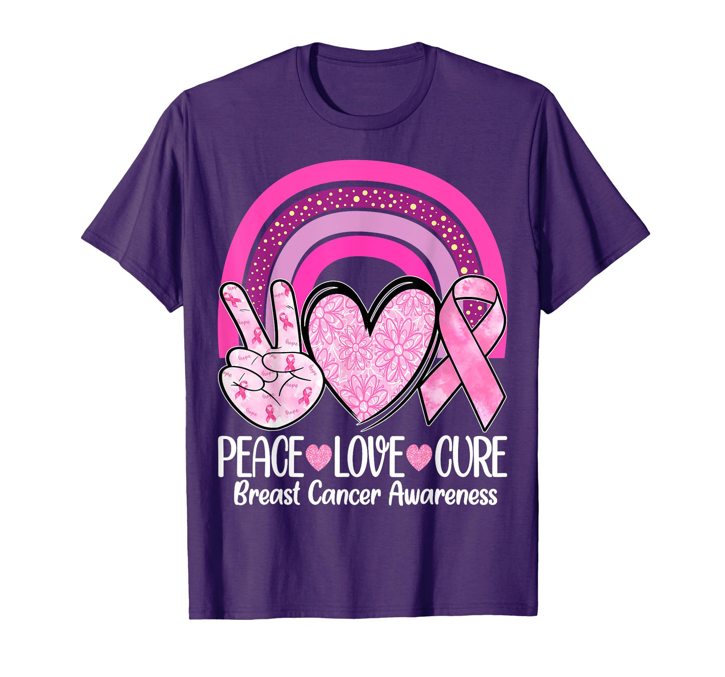 Rainbow Peace Love Cure Pink Ribbon Breast Cancer Awareness T-Shirt