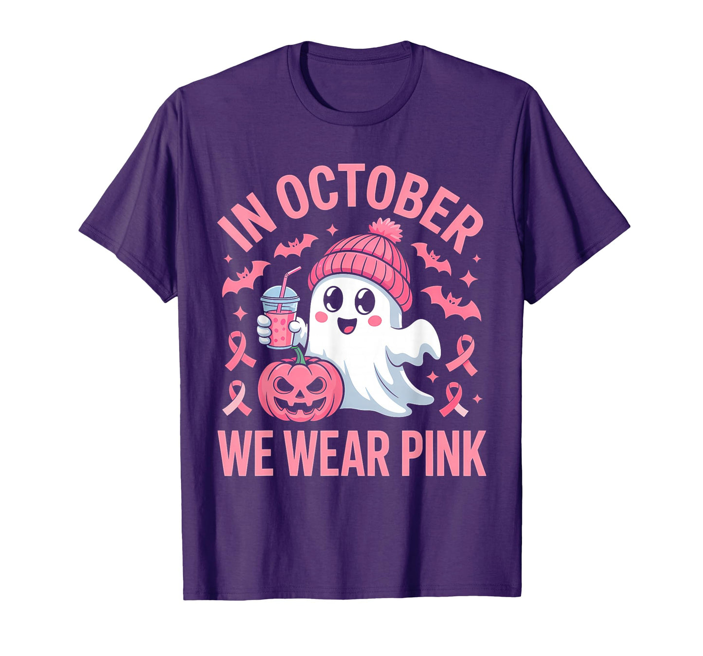 in October We Wear Pink Cute Ghost T-Shirt