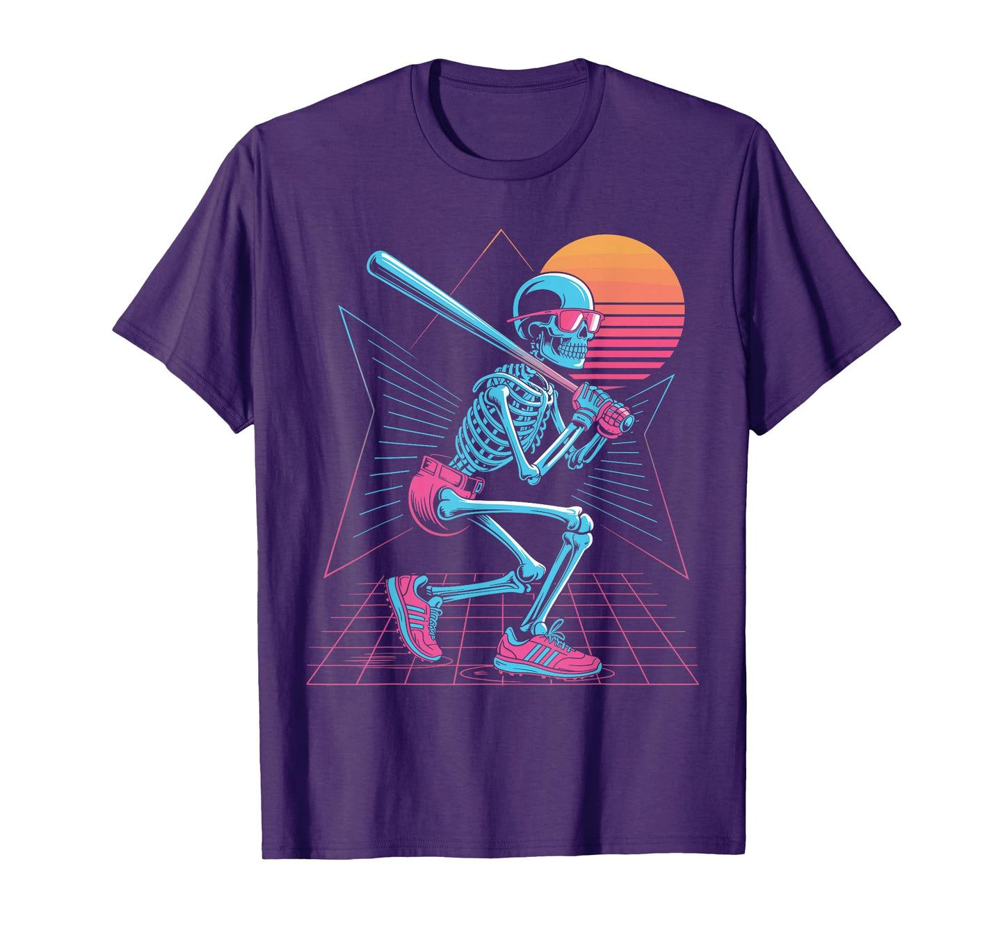 Retro 80s Skeleton Baseball Graphic Synthwave Hitter T-Shirt