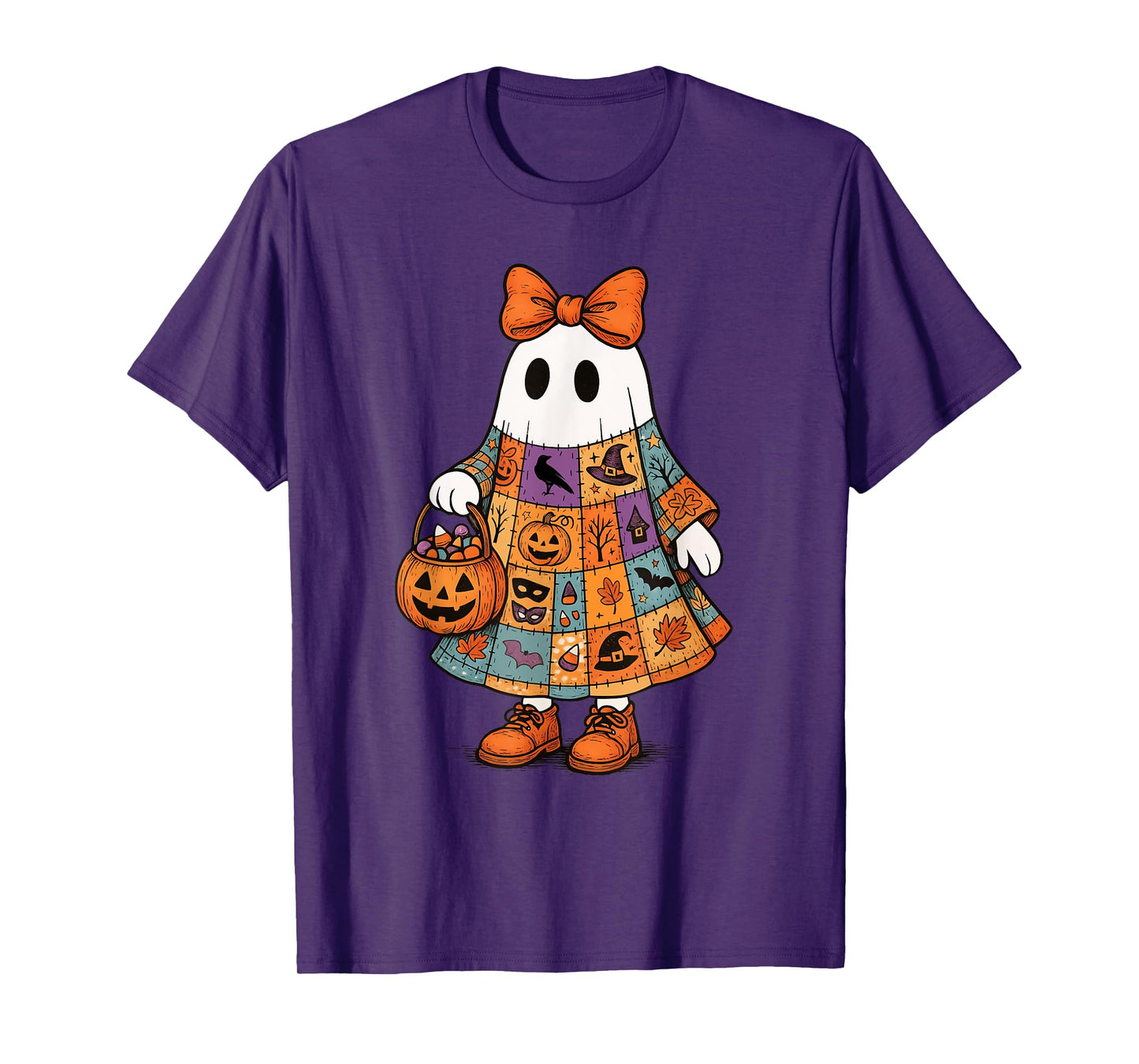 Patchwork Ghosts Cozy Spooky Fall Pumpkin Ghost Halloween T-Shirt