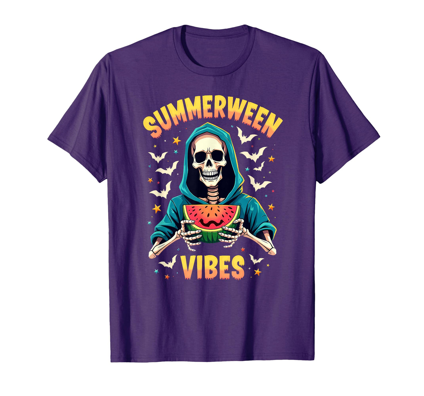 Ghost Skeleton Eating Watermelon Summerween Vibes T-Shirt