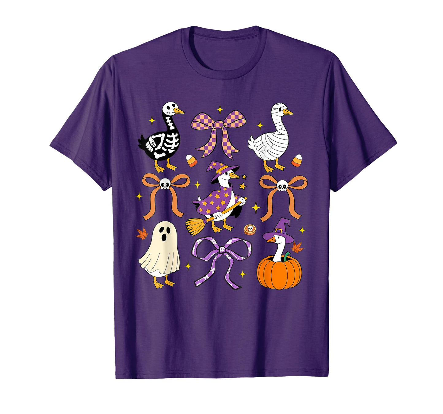 Spooky Goose Coquette Bow Pumpkin Skeleton Goose Halloween T-Shirt