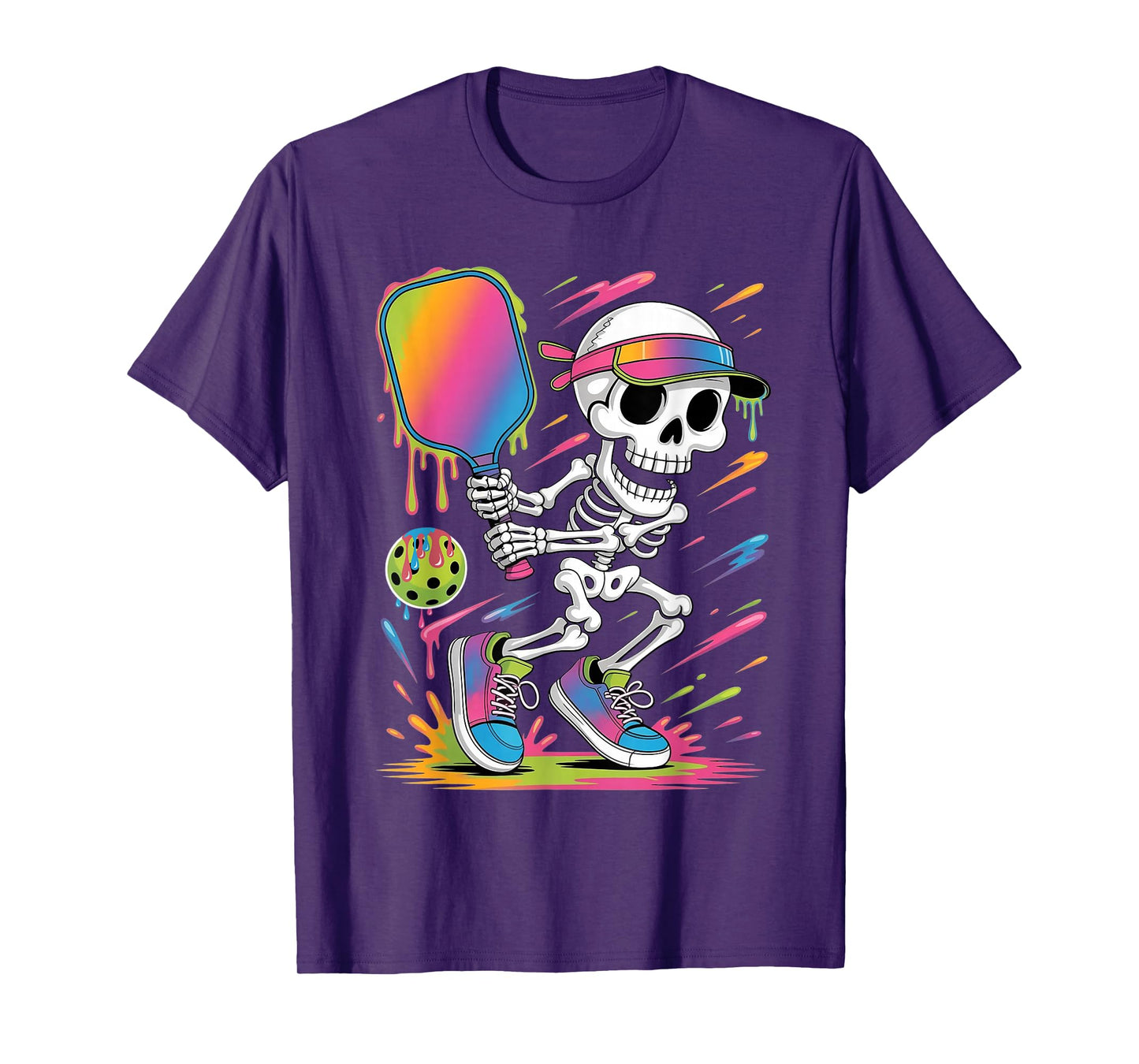 Funny Halloween Skeleton Playing Pickleball Drip Dripping T-Shirt