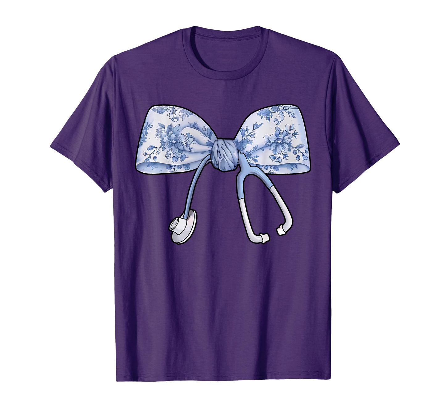 Floral Cute Blue Coquette Bow Stethoscope Registered Nurse T-Shirt