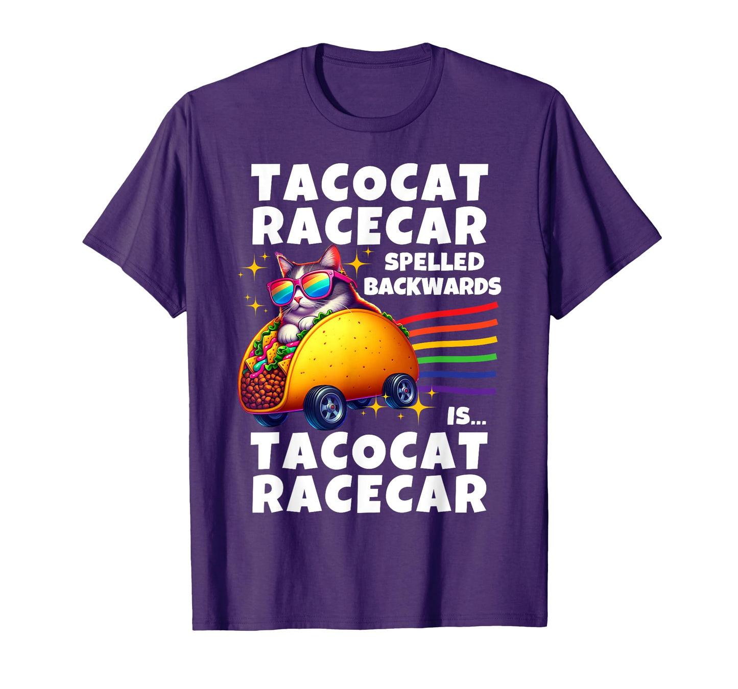 Tacocat Racecar Spelled Backwards Funny Mexican Rainbow Cat T-Shirt for Men Women Kids