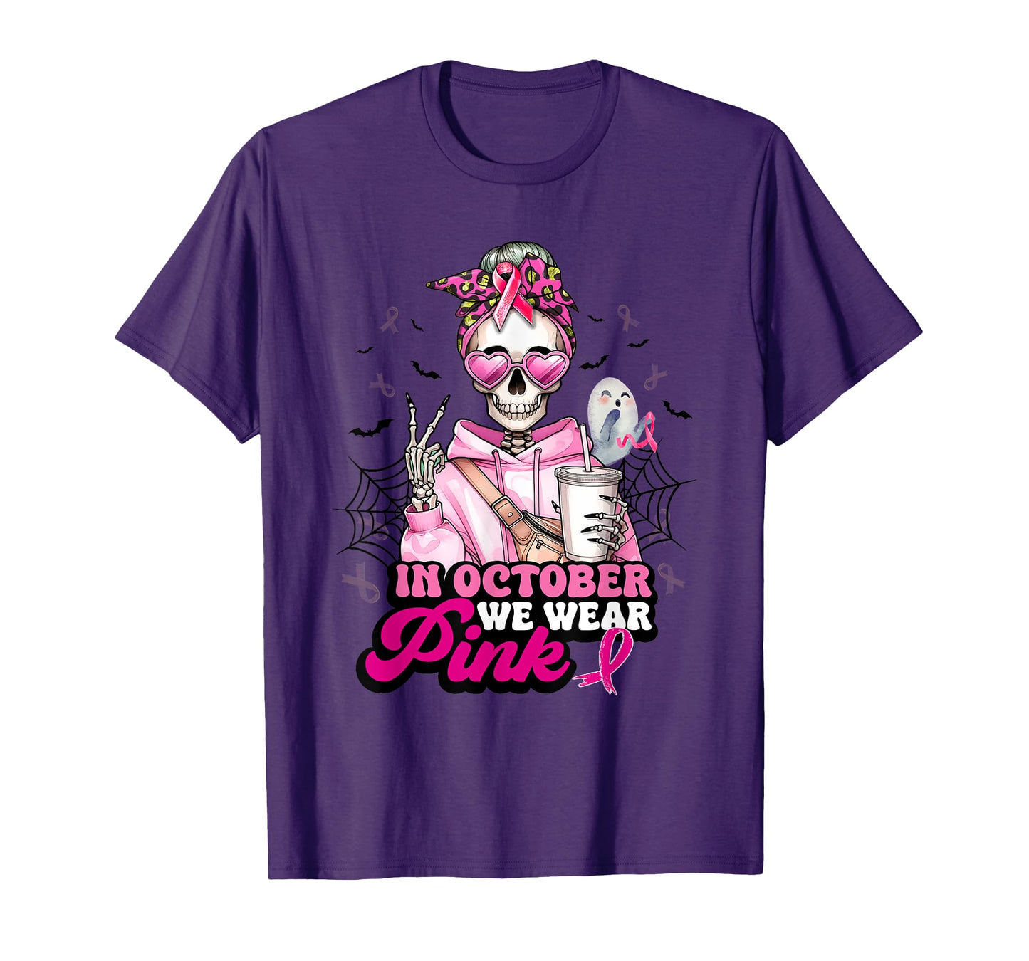 in October We Wear Pink Breast Cancer Skeleton Coffee Lover T-Shirt