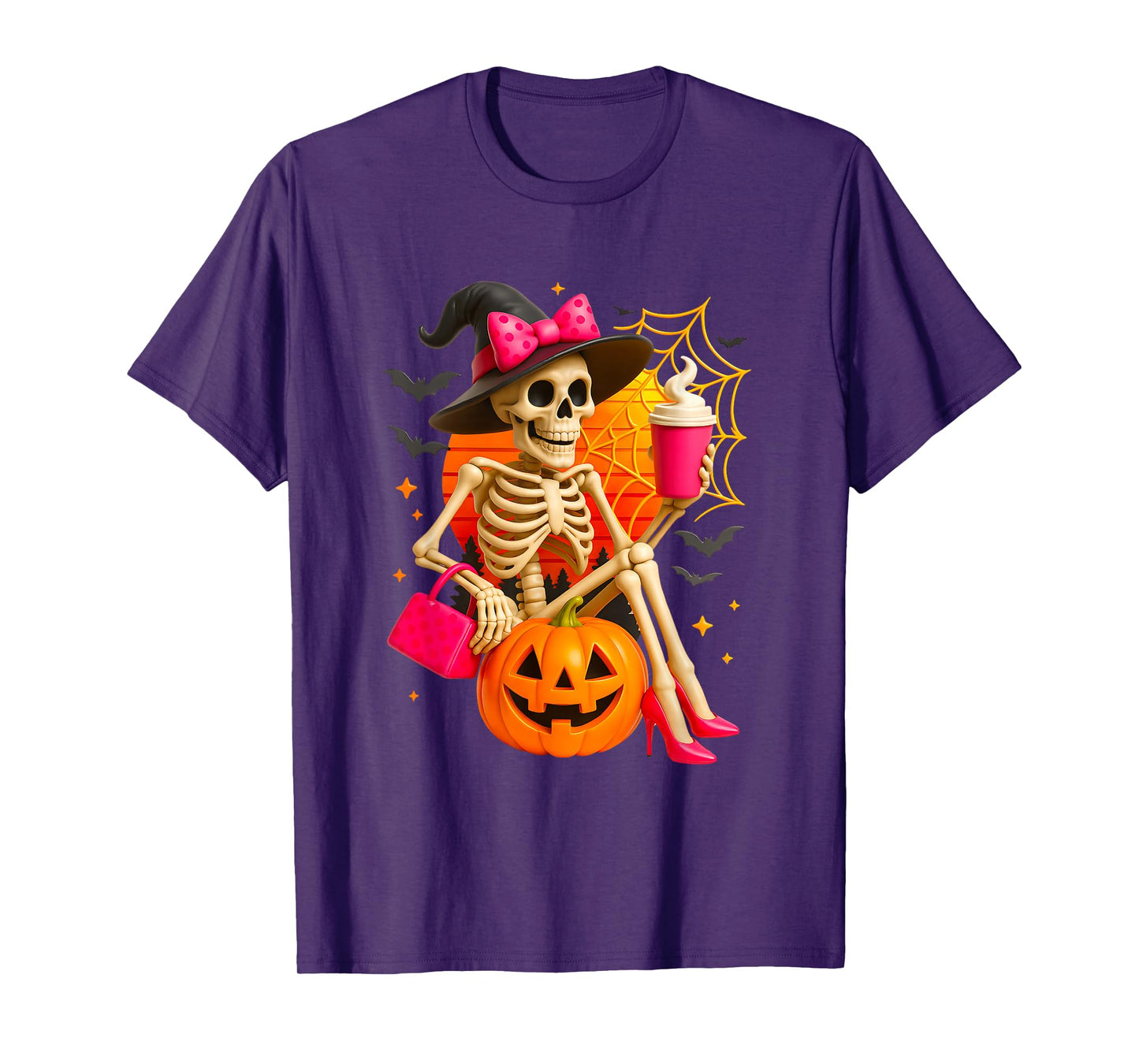 Halloween Skeleton with Pumpkin Hat and Coffee in High Heels T-Shirt