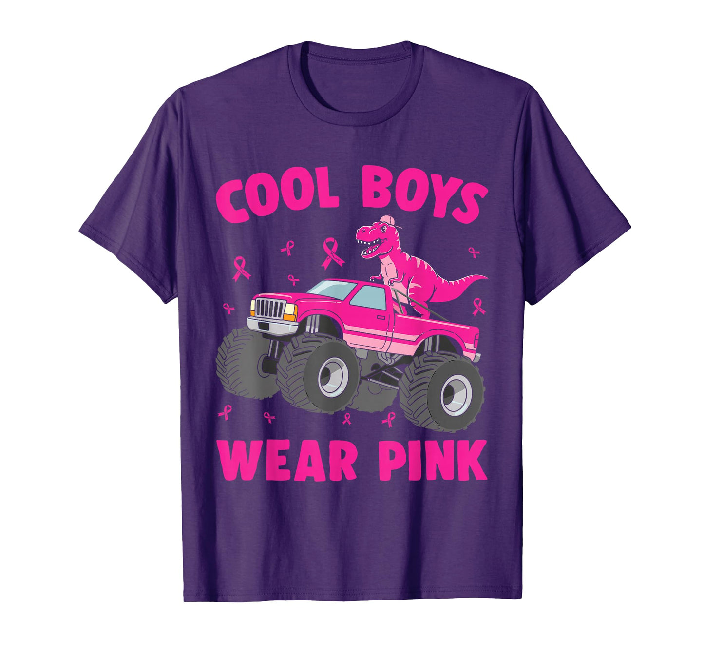 Dinosaur Monster Truck Cool Boys Wear Pink Breast Cancer T-Shirt