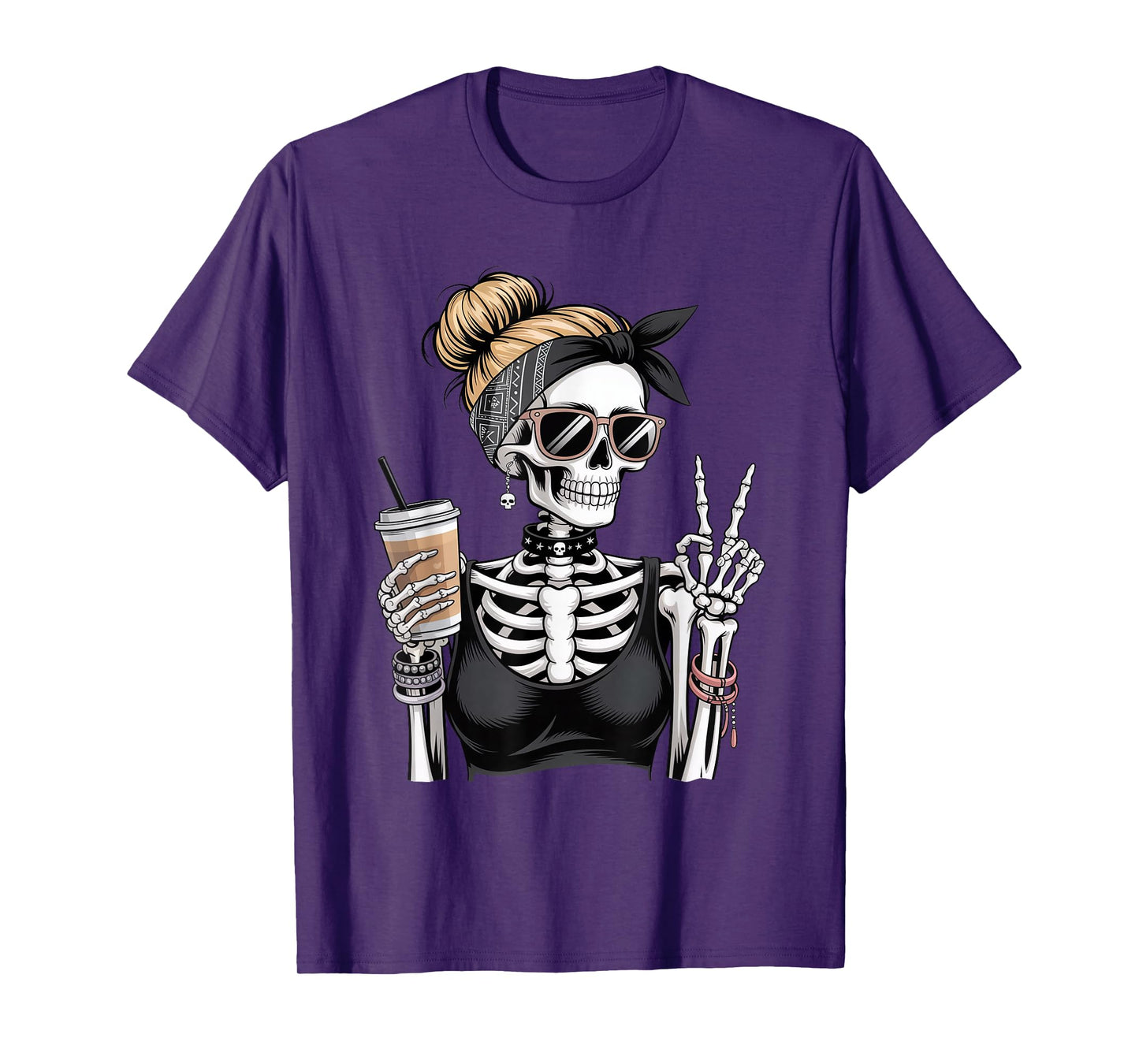 Skeleton Girl Drinking Coffee Peace Sign Graphic for Women T-Shirt