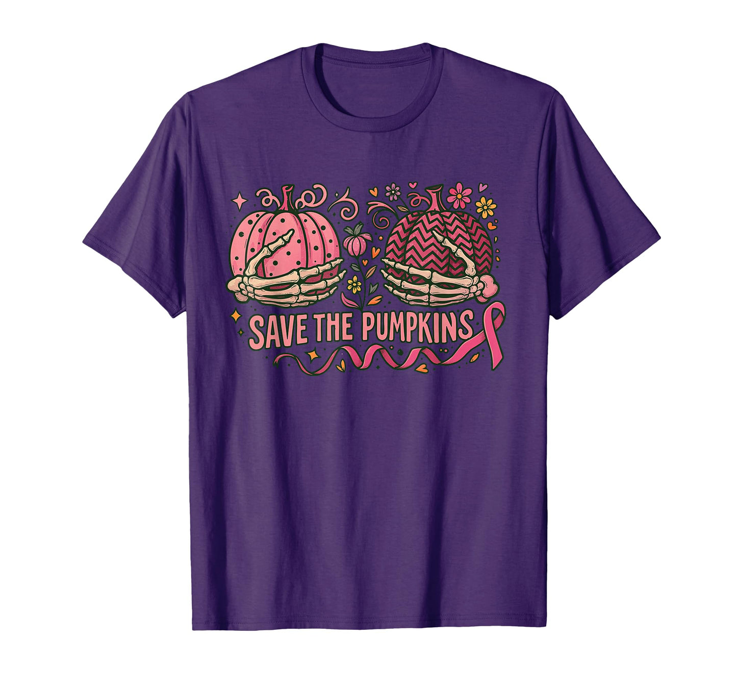 Skeleton Save The Pumpkins, Pink Ribbon Breast Cancer T-Shirt