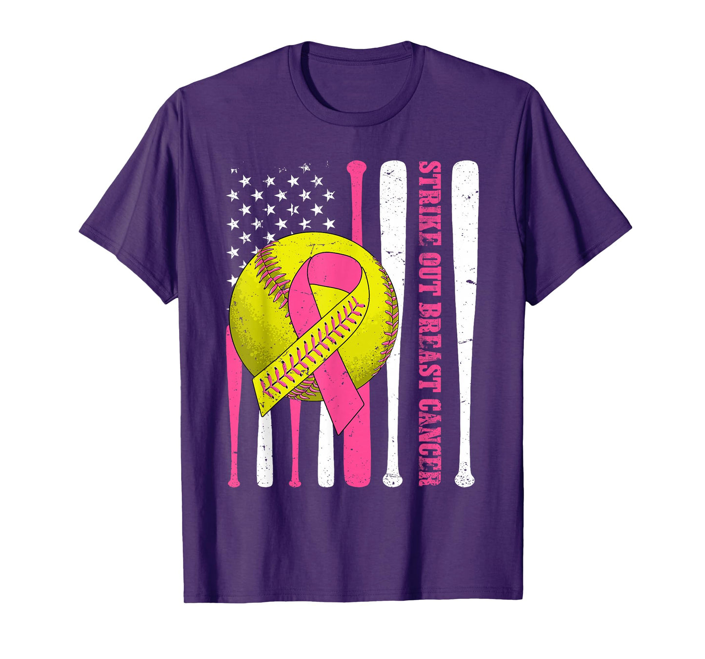Strike Out Breast Cancer Softball American Flag Women Girls T-Shirt