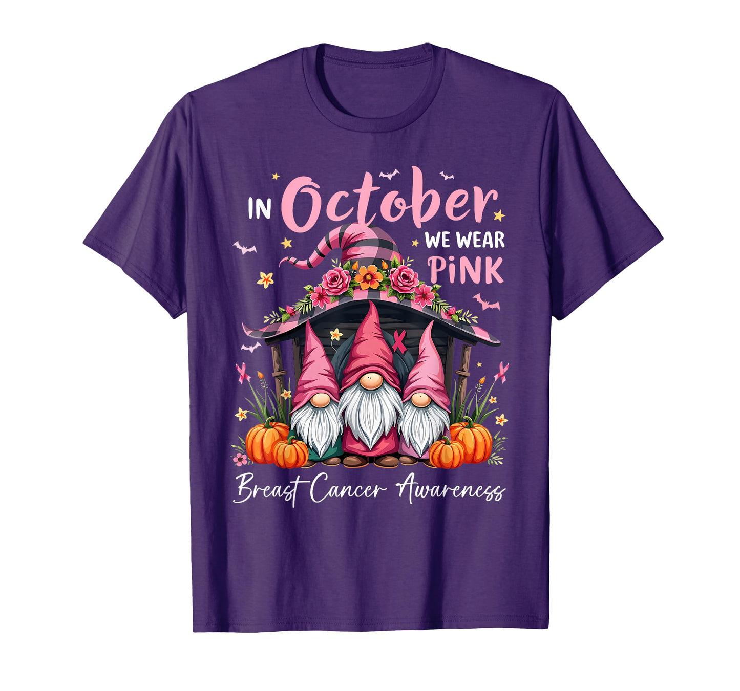 in October We Wear Pink Gnome Breast Cancer Awareness Womens T-Shirt
