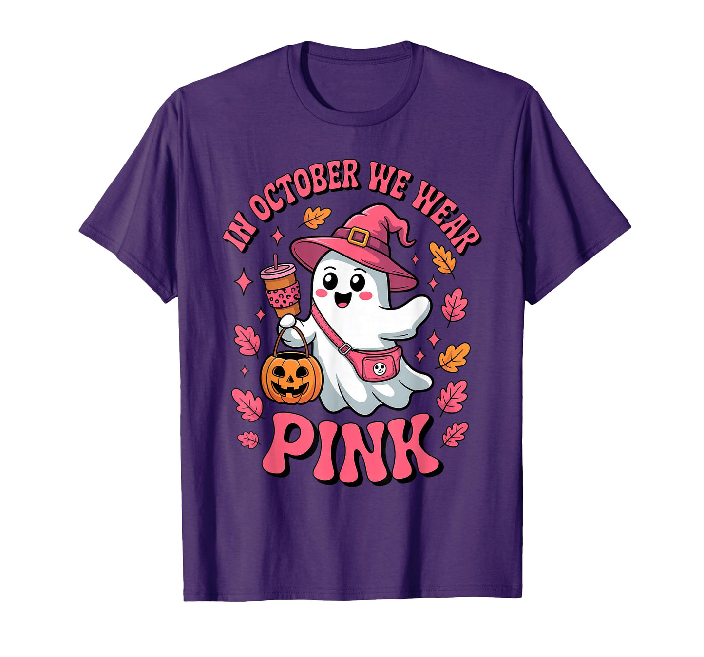 in October We Wear Pink Cute Ghost Halloween Drinking Coffee T-Shirt