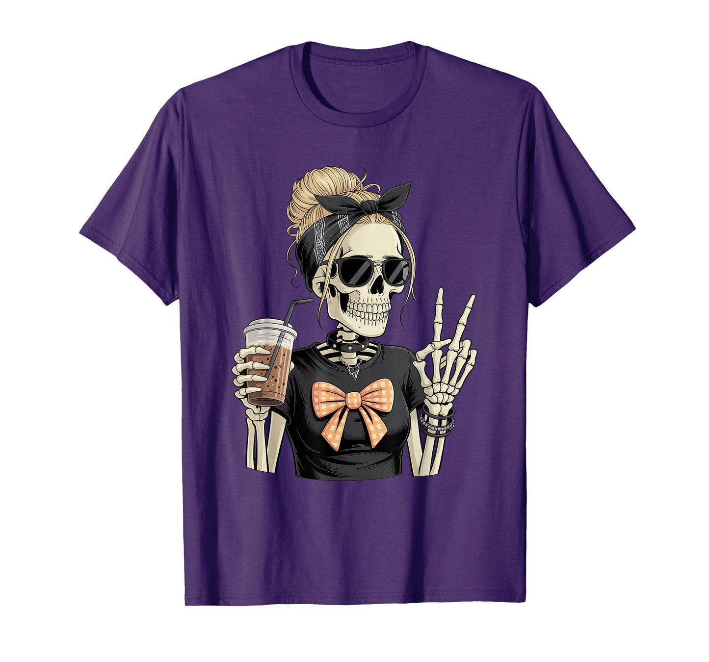 Skeleton Girl Drinking Coffee Peace Sign Graphic for Women T-Shirt