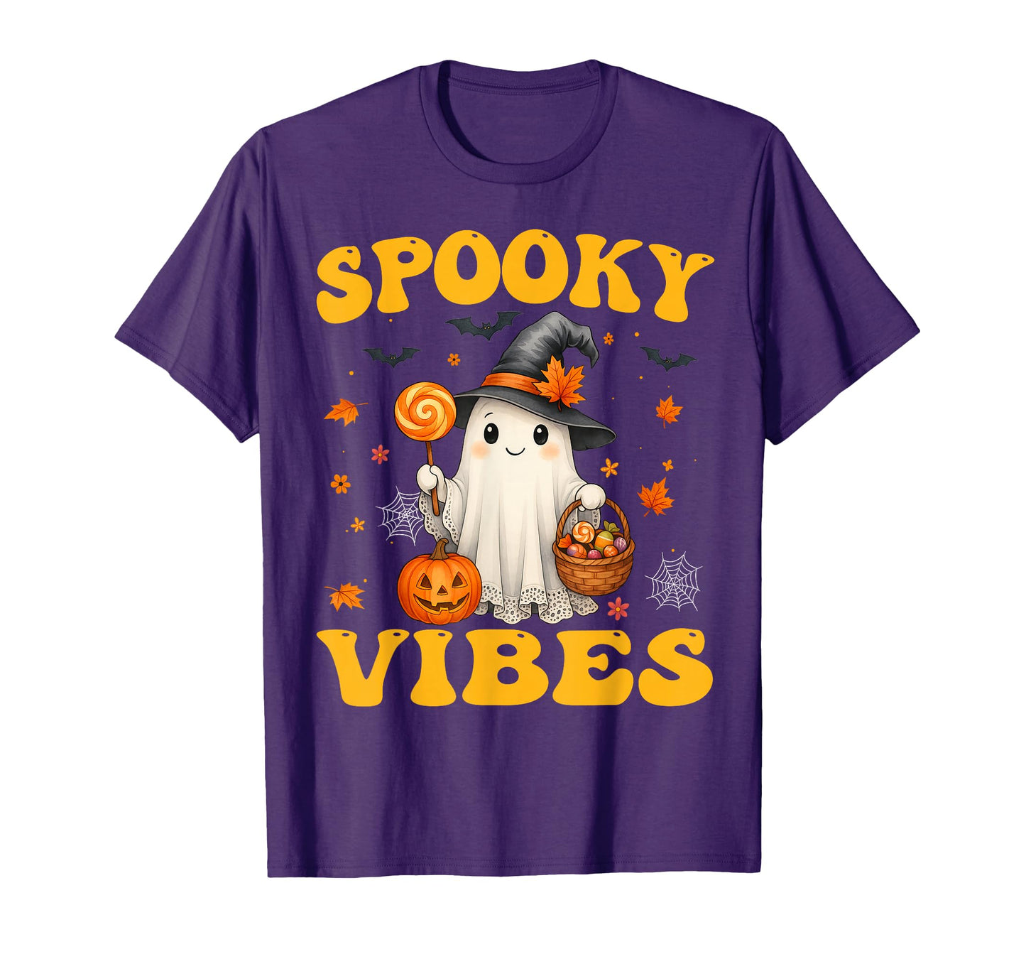 Groovy Spooky Vibes Retro Ghost Holding Pumpkin Halloween T-Shirt