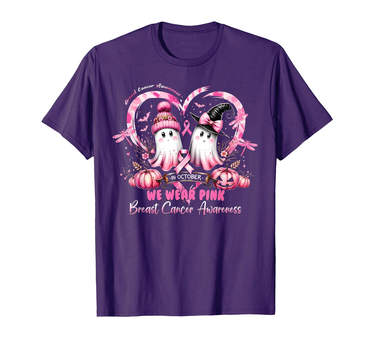in October We Wear Pink Breast Cancer Heart Dragonflies T-Shirt