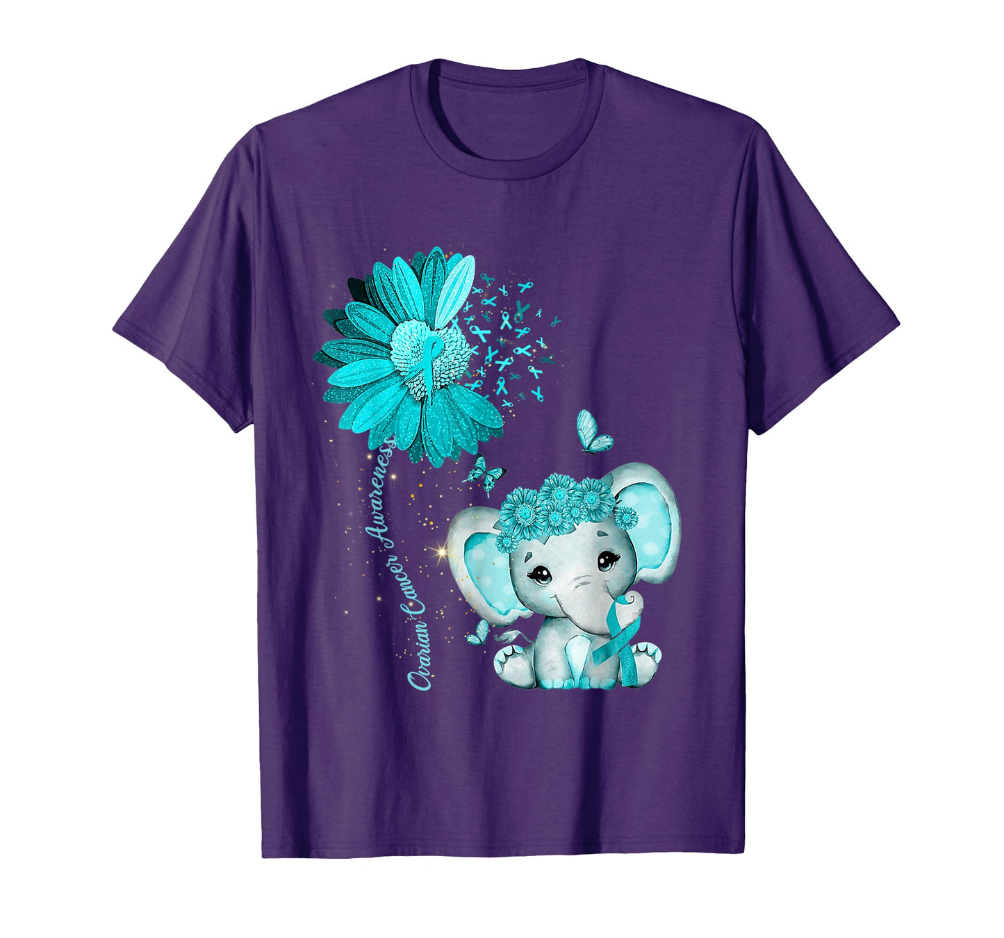 Ovarian Cancer Awareness Sunflower Teal Ribbon Elephant T-Shirt
