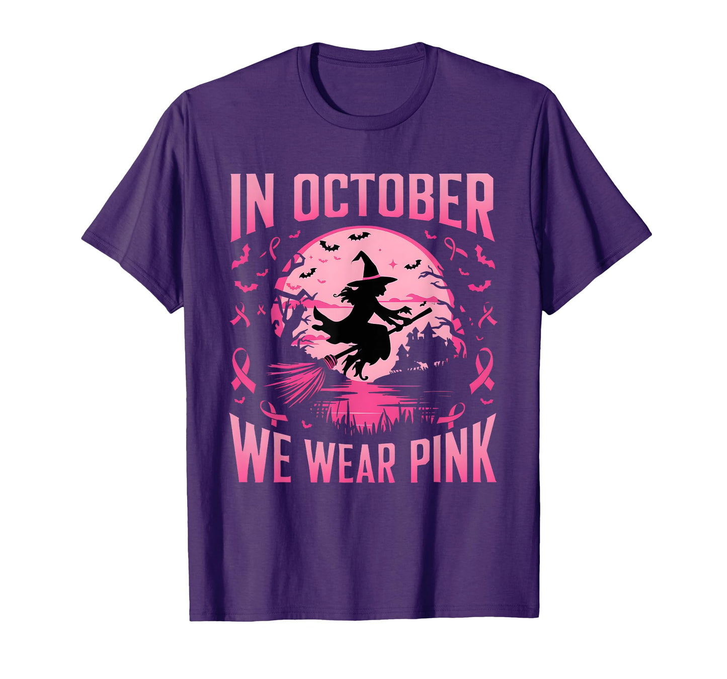 In October We Wear Pink Witch Riding Broom Breast Cancer T-Shirt