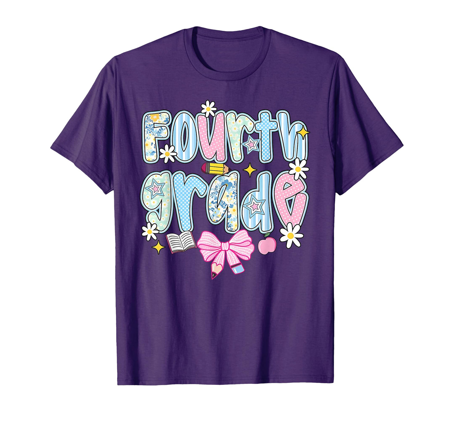 Preppy Fourth Grade Teacher Blue Floral Coquette Pencil Bow T-Shirt