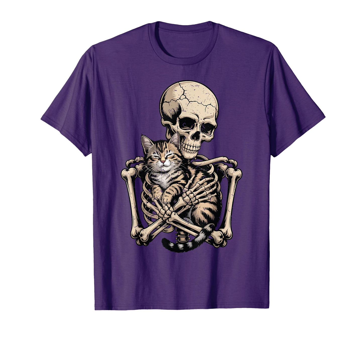 Skeleton Hugging Cat Halloween Funny Brown Tabby Daddy Mom T-Shirt