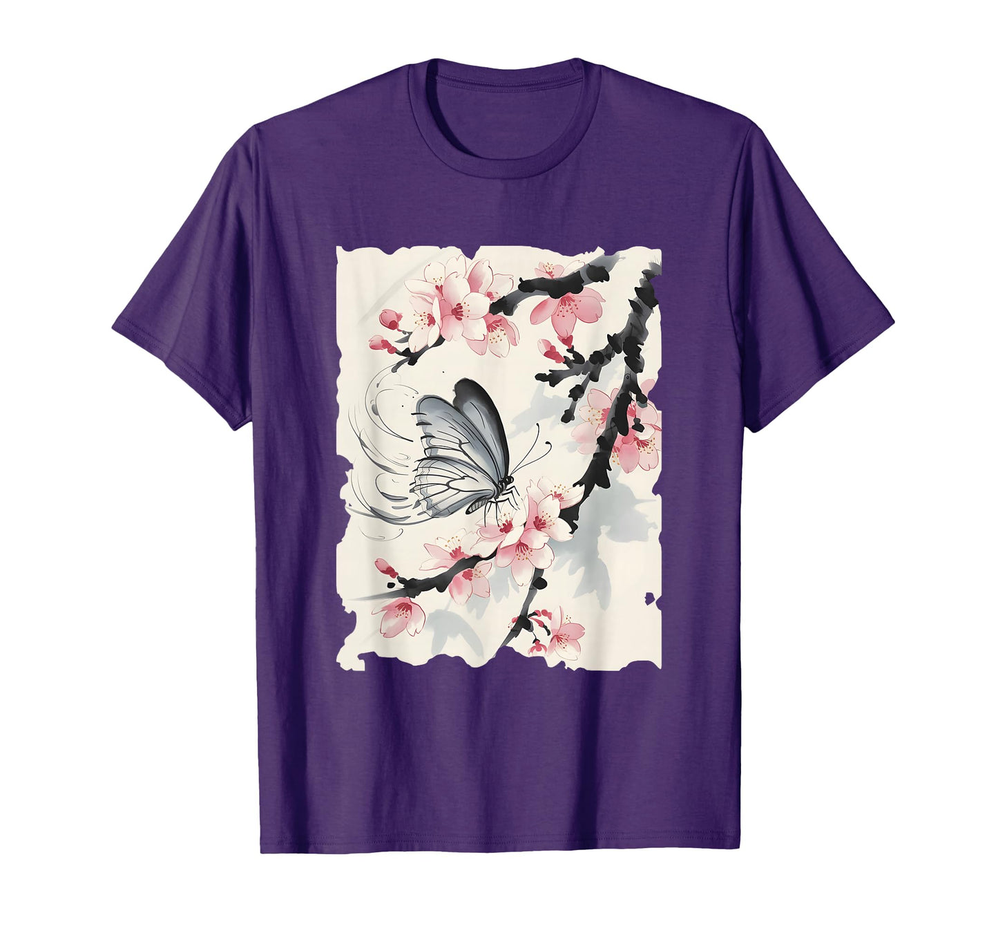 Butterfly Cherry Blossoms Japanese Art - Vintage Sumi-e T-Shirt