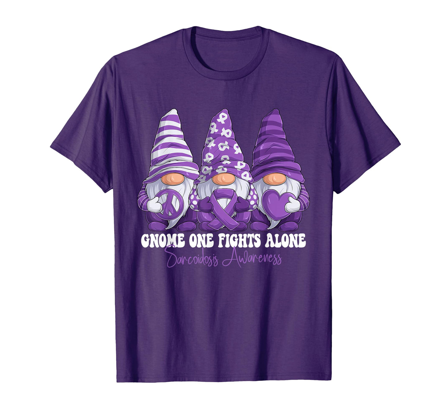 Sarcoidosis Awareness Month Purple Ribbon Gnomies Support T-Shirt