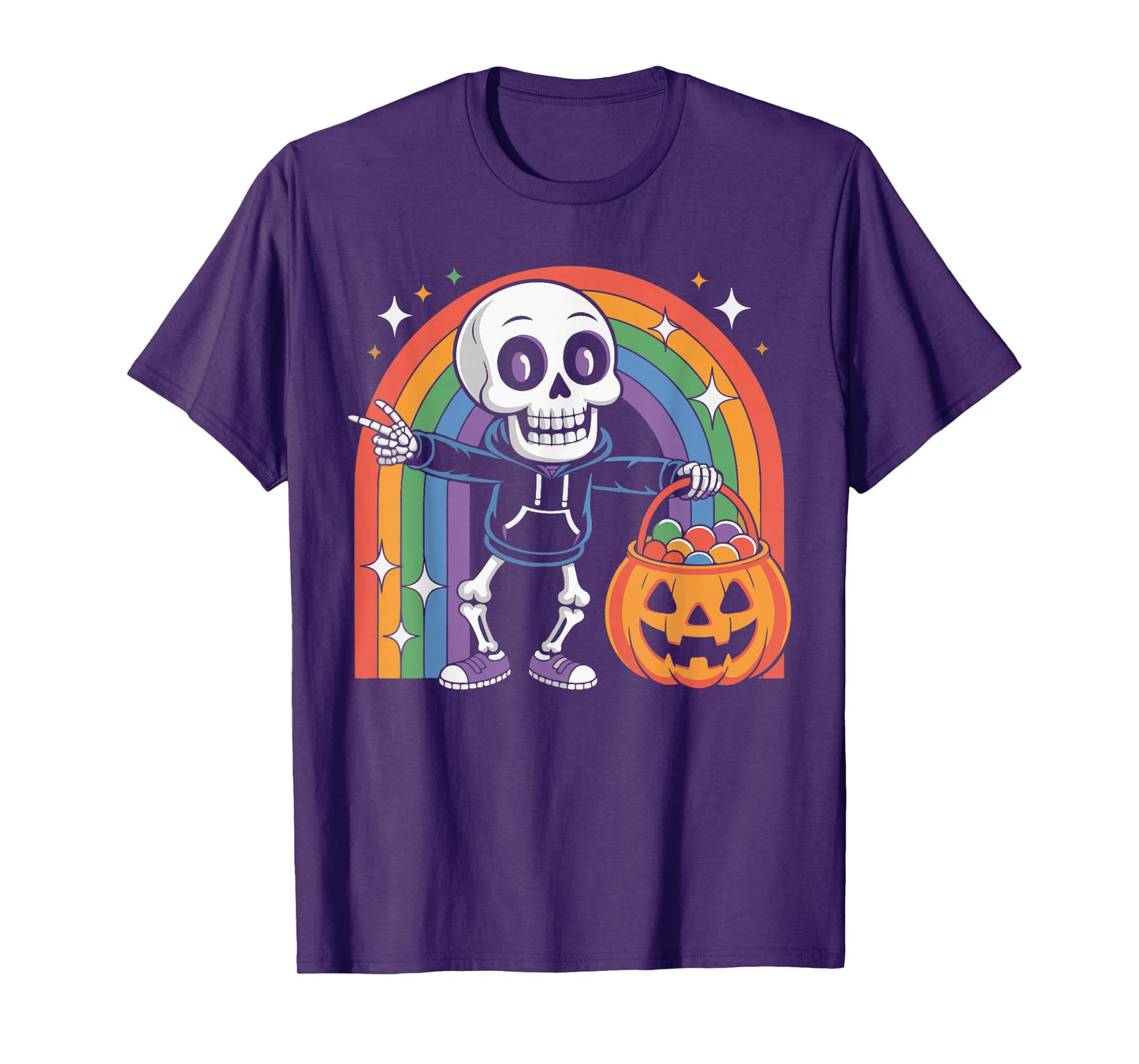 Rainbow Skeleton Pumpkin Candy Trick or Treat Halloween Fun T-Shirt
