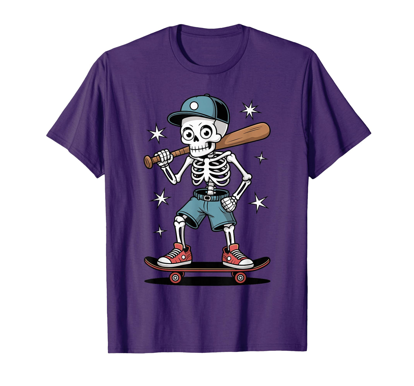 Halloween Skeleton Baseball Skateboard Kids Teen Graphic T-Shirt