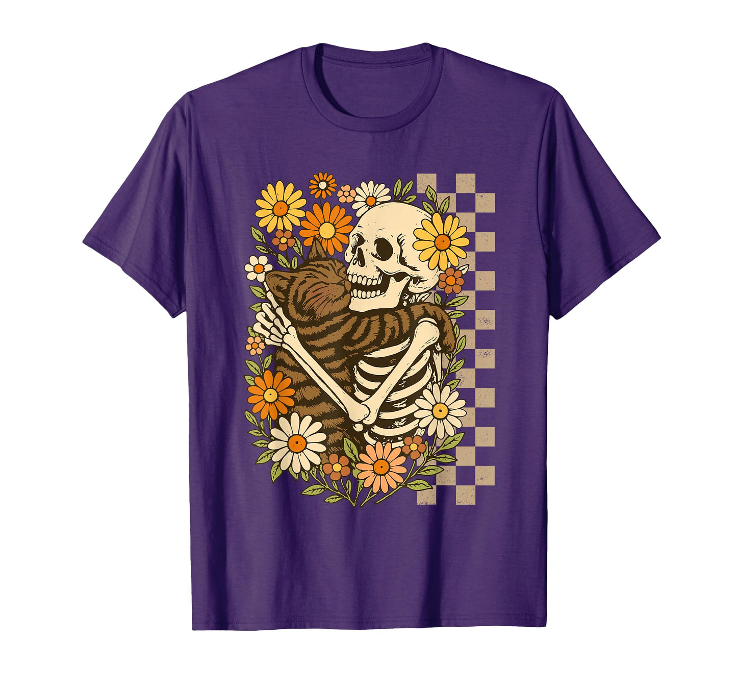 Floral Skeleton Hugging Cat Halloween Cat Lover Cat Mom Dad T-Shirt
