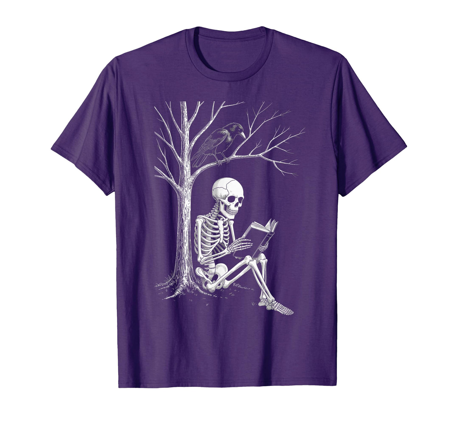 Spooky Skeleton Reading Book Halloween Tree Crow T-Shirt