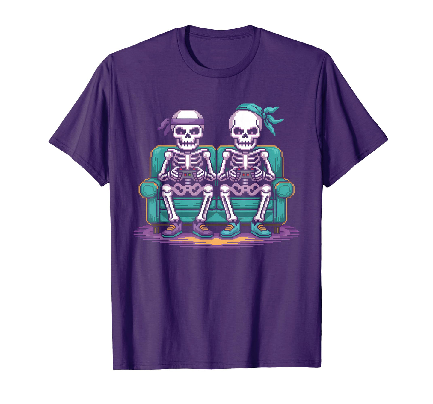 Funny Gamer Two Skeleton Retro 8-Bit Pixel Art Video Game T-Shirt