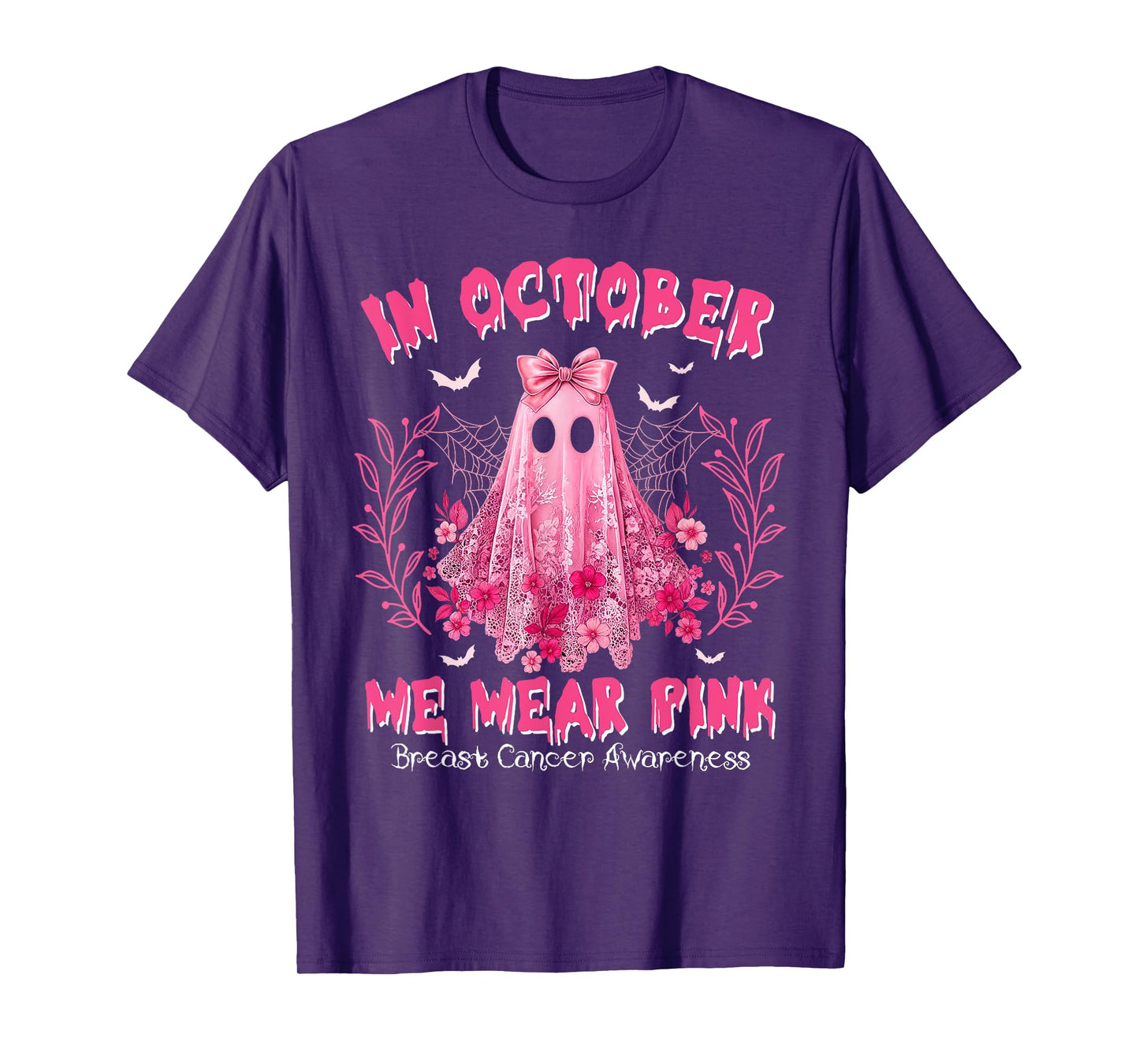in October We Wear Pink Ghost Witch Breast Cancer Awareness T-Shirt