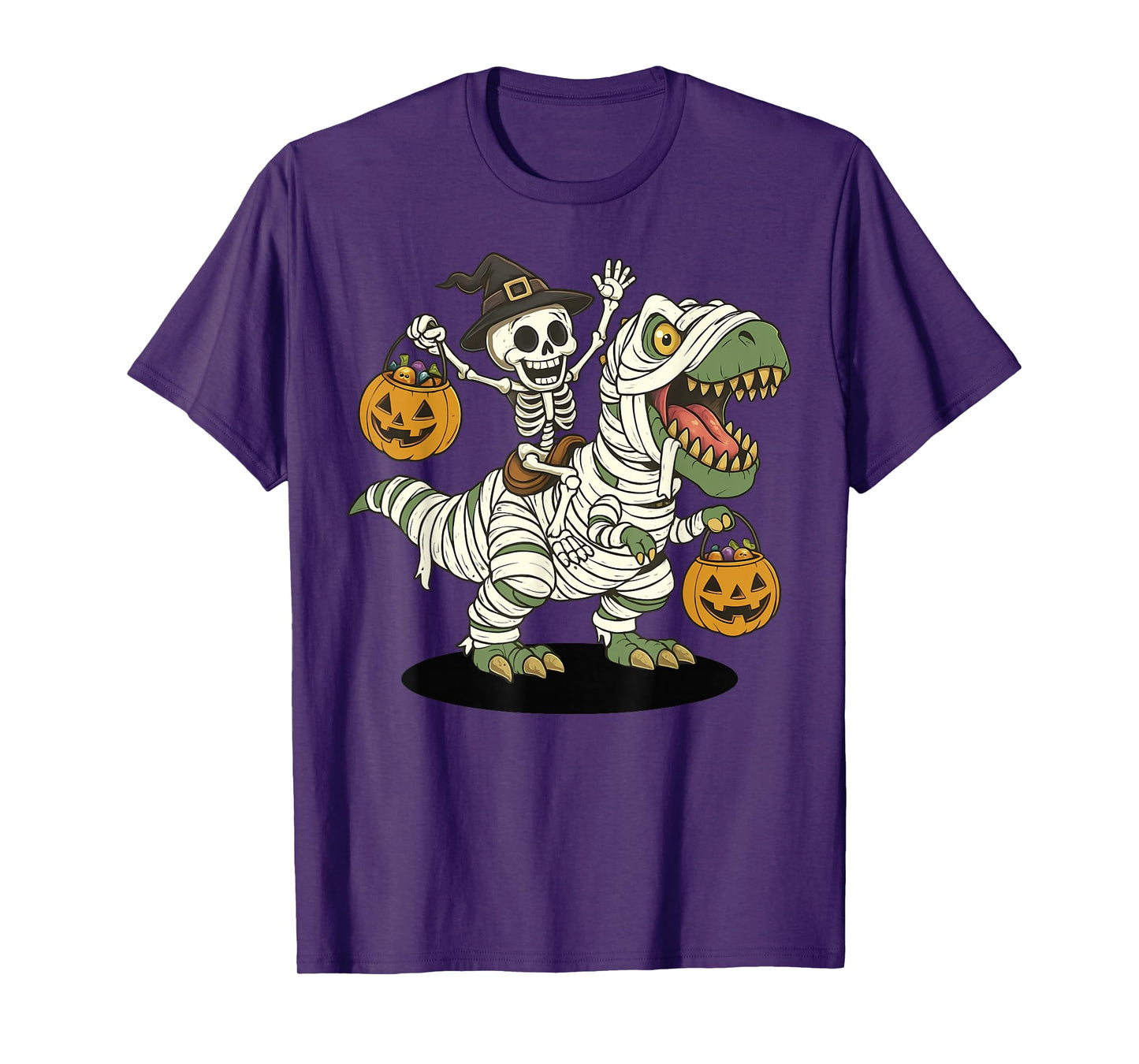 Skeleton Riding Mummy T Rex Halloween Dinosaur Design T-Shirt