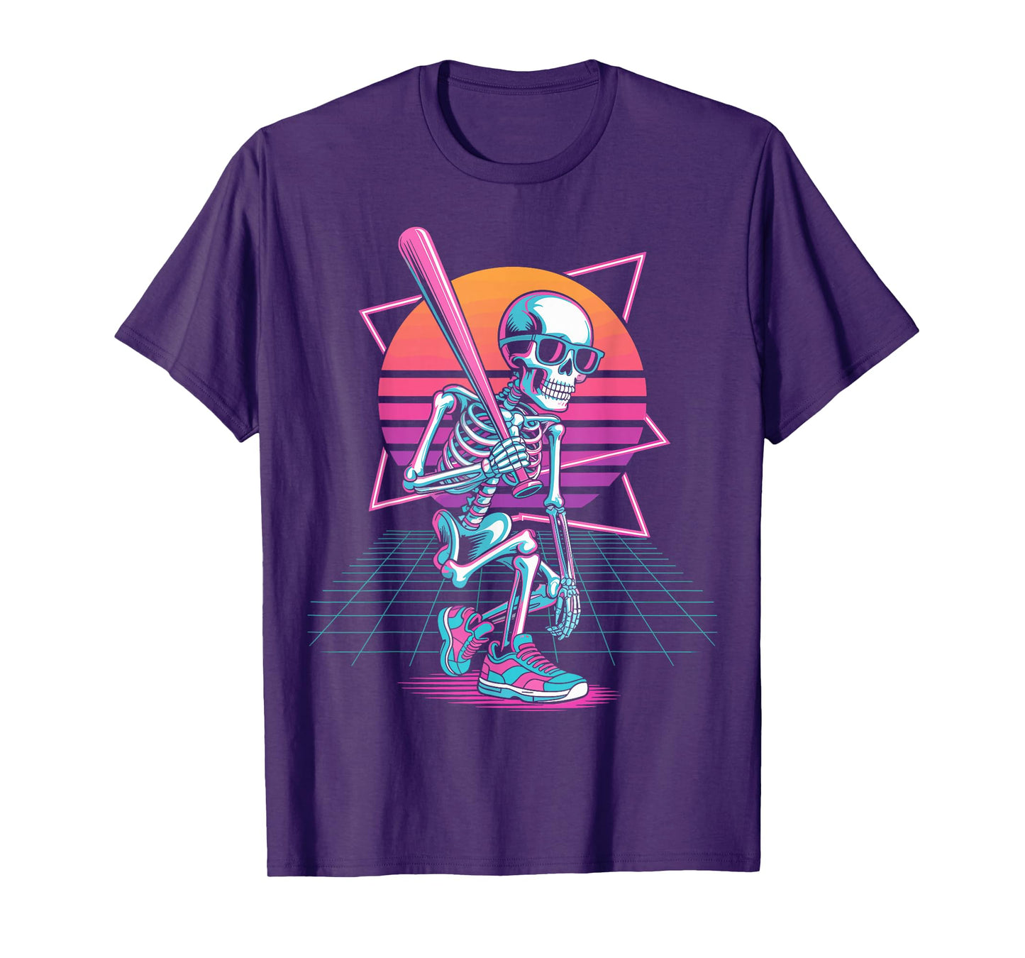 Retro 80s Skeleton Baseball Graphic Halloween Vaporwave T-Shirt