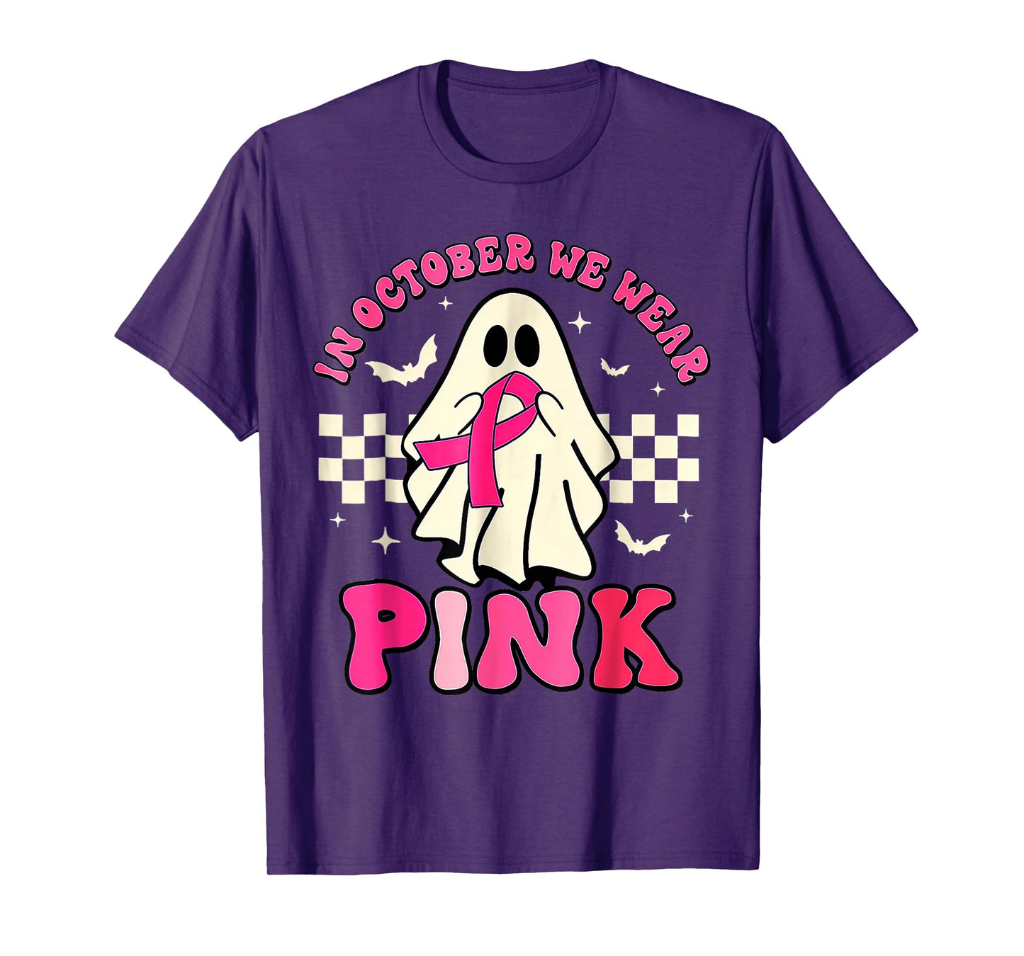 Groovy We Wear Pink Breast Cancer Awareness Ghost Halloween T-Shirt