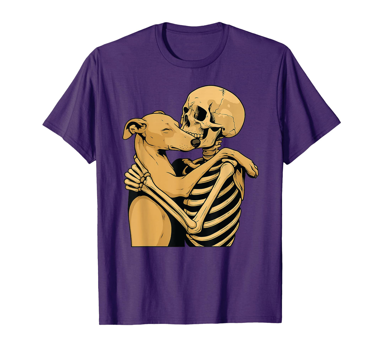 Skeleton Hugging Whippet Dog Halloween T-Shirt