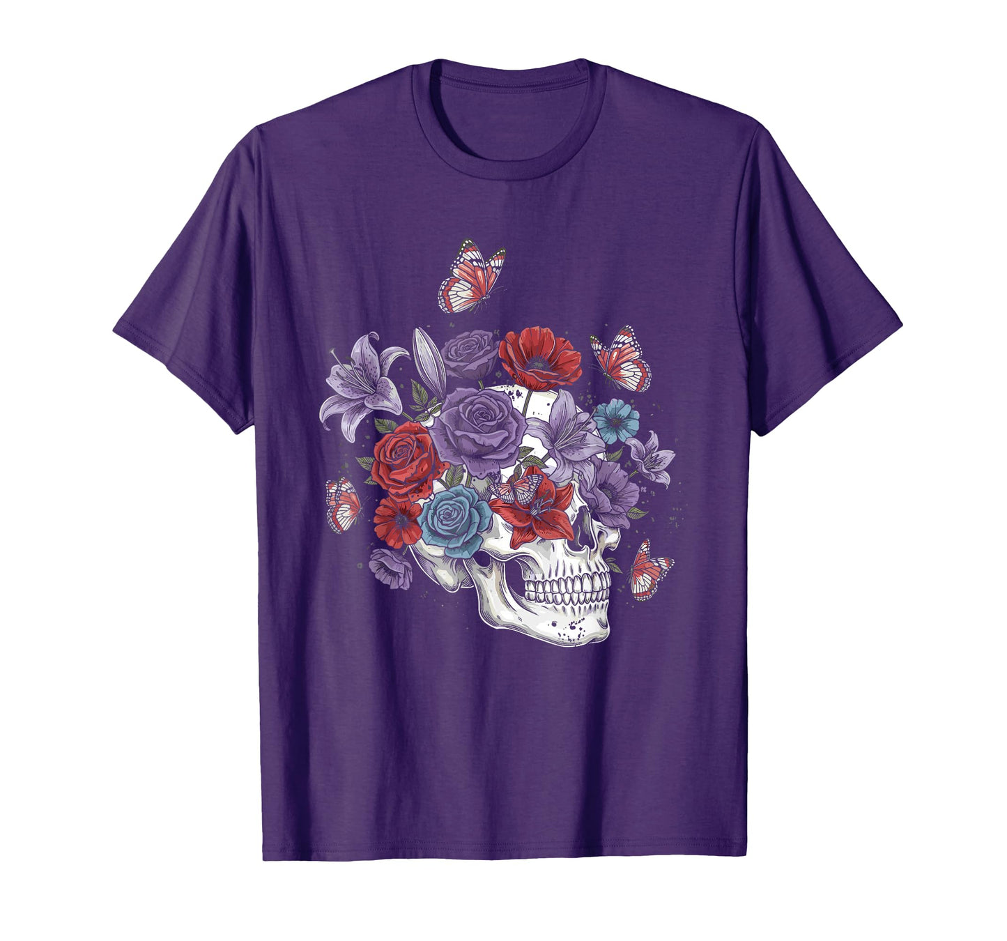 Skull with Flowers and Butterflies Halloween Costume T-Shirt