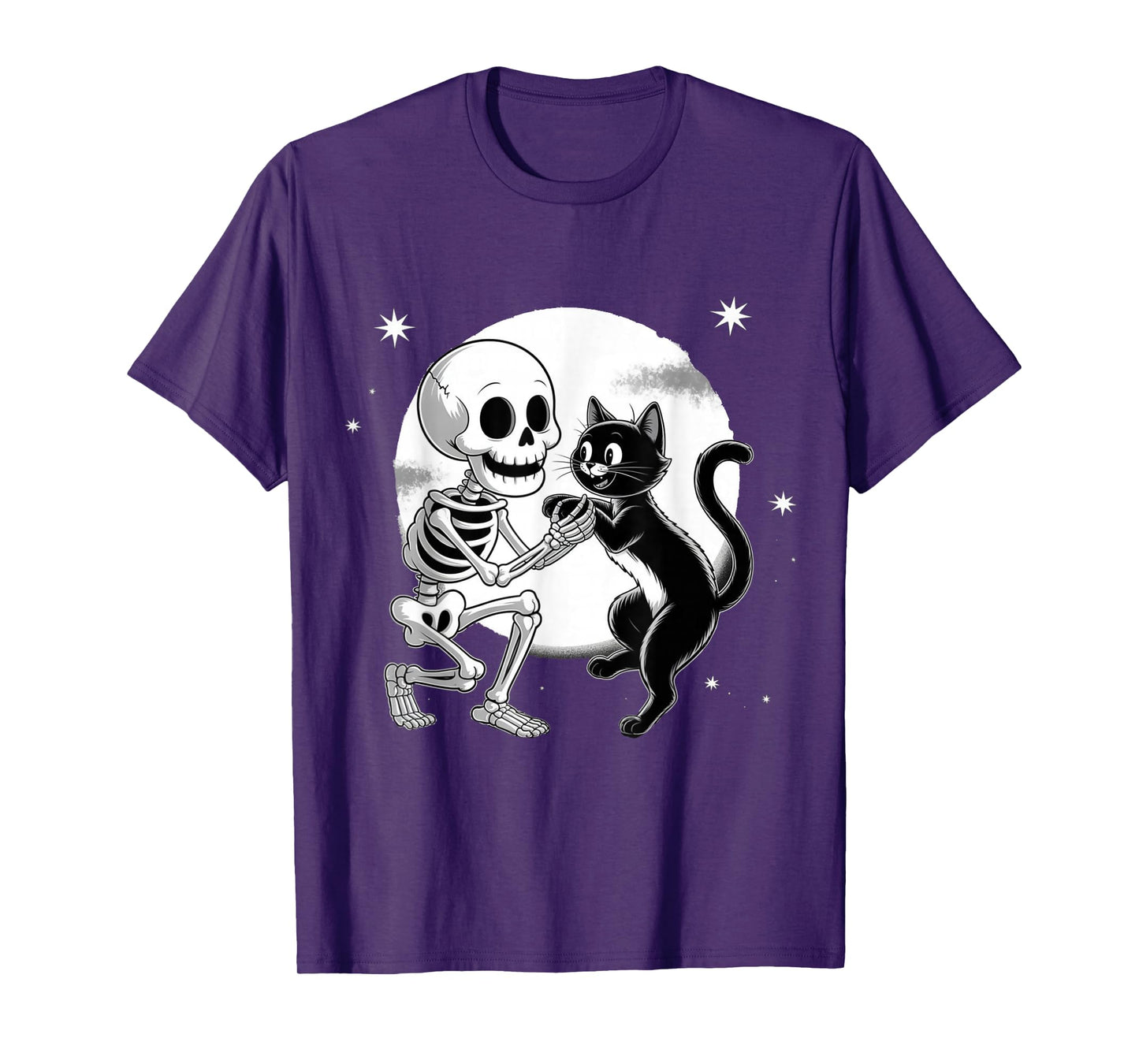 Skeleton Hugging Black Cat Under Full Moon Halloween T-Shirt