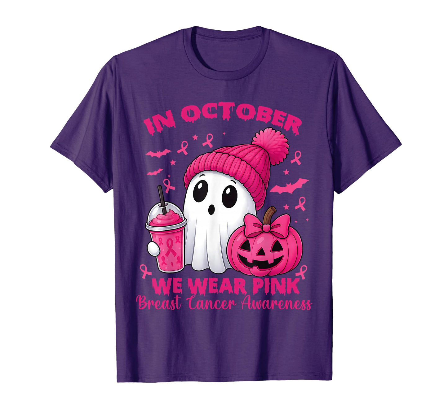 Breast Cancer Halloween Women in October We Wear Pink Bow T-Shirt
