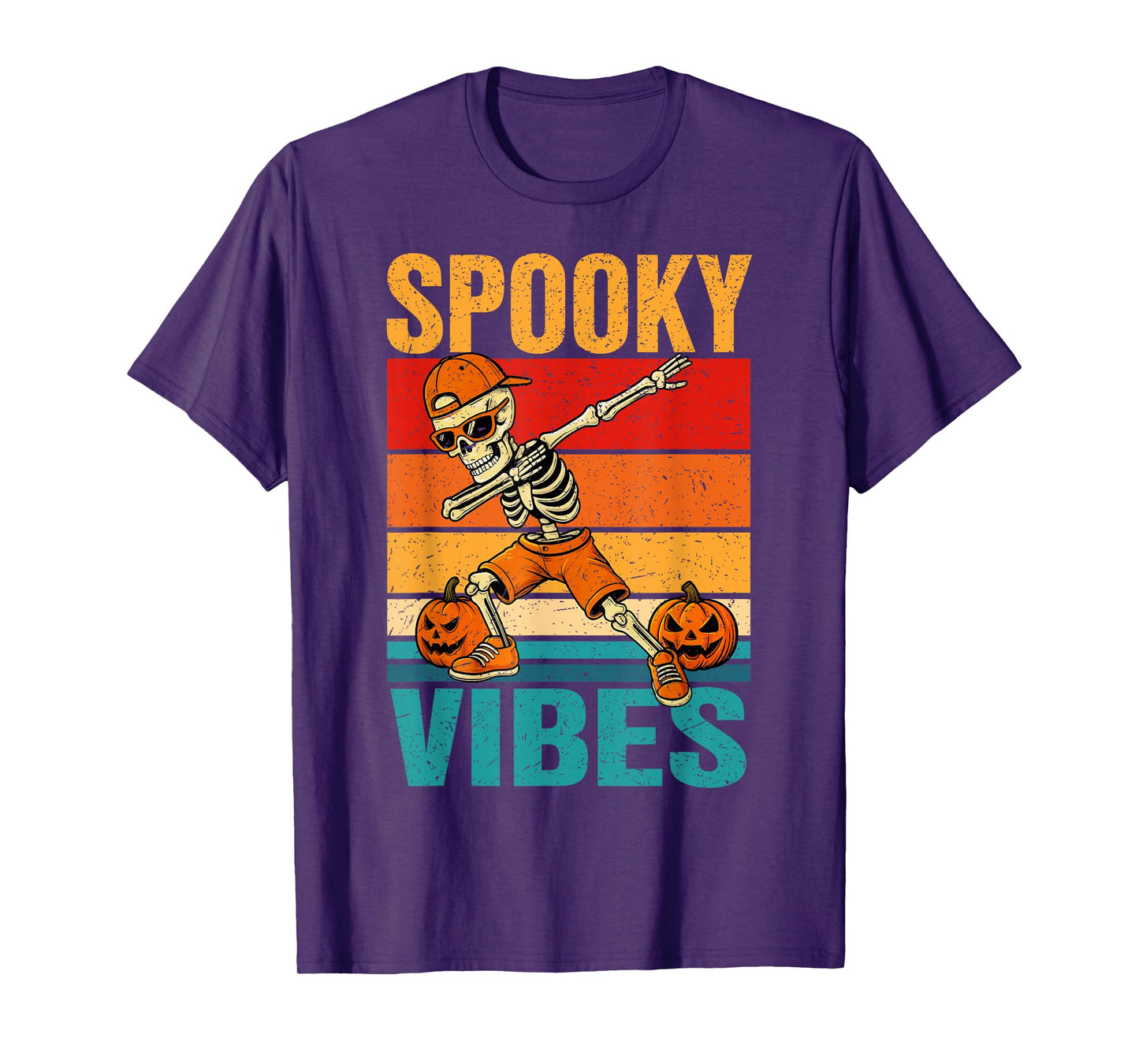 Retro Skeleton Dabbing Halloween Ghost Pumpkin Spooky Vibes T-Shirt