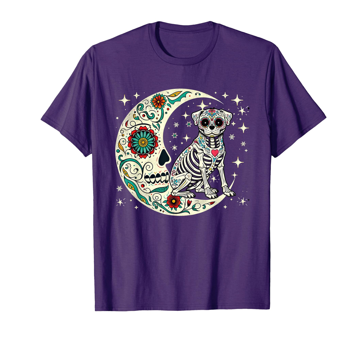 Dia De Los Muertos Halloween Moon Floral Skeleton Pug T-Shirt