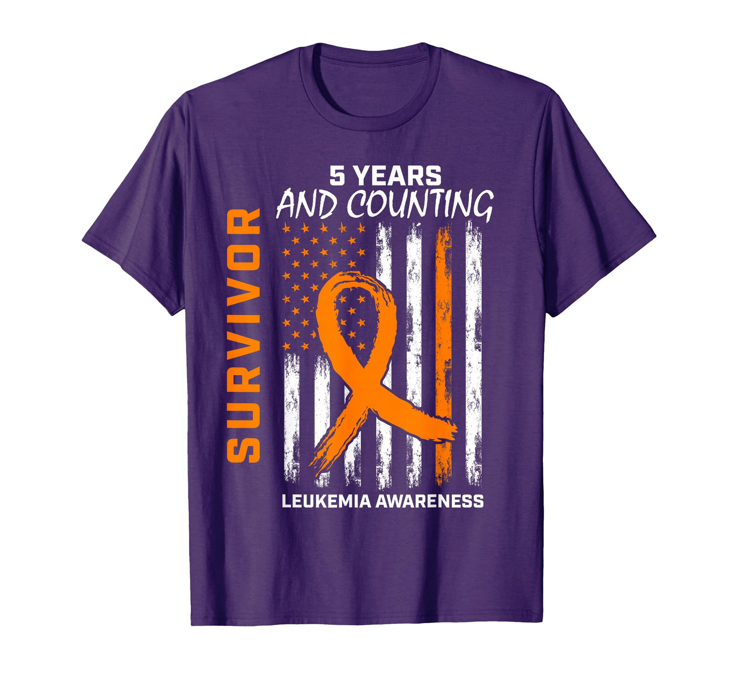 5 Years Cancer Free Orange Leukemia Survivor American Flag Women Kids Men T-Shirt