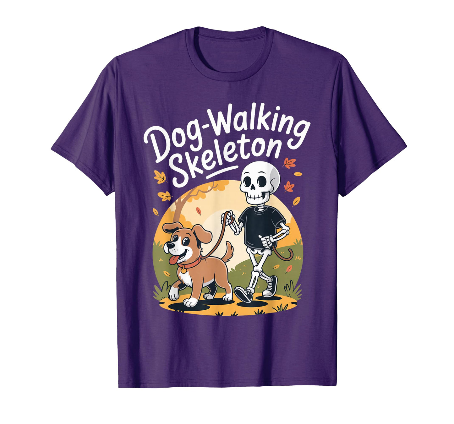 Funny Skeleton Walking Dog Halloween Cartoon Spooky Humor T-Shirt