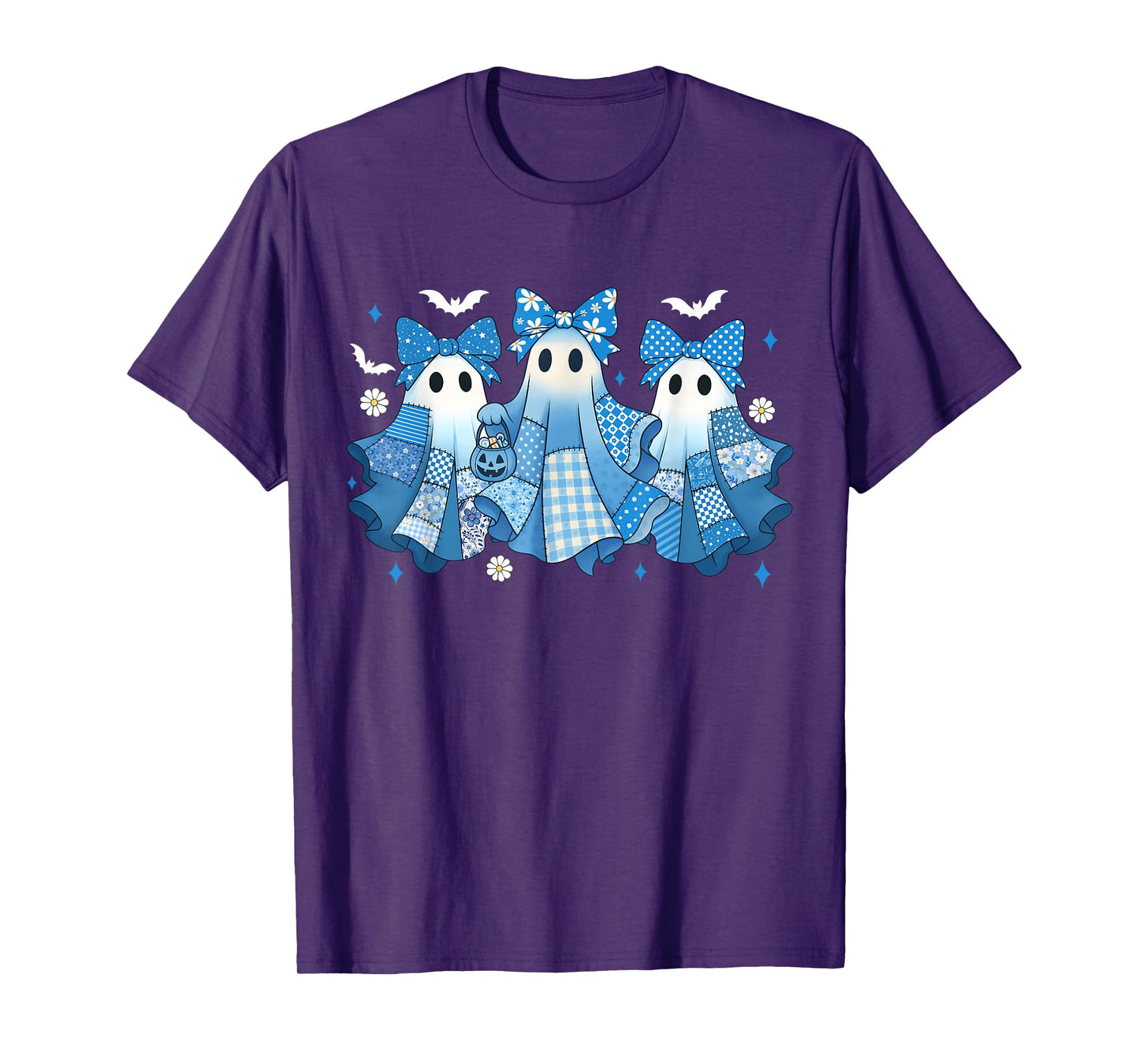 Demin Patchwork Cute Ghost Spooky Season Happy Halloween T-Shirt
