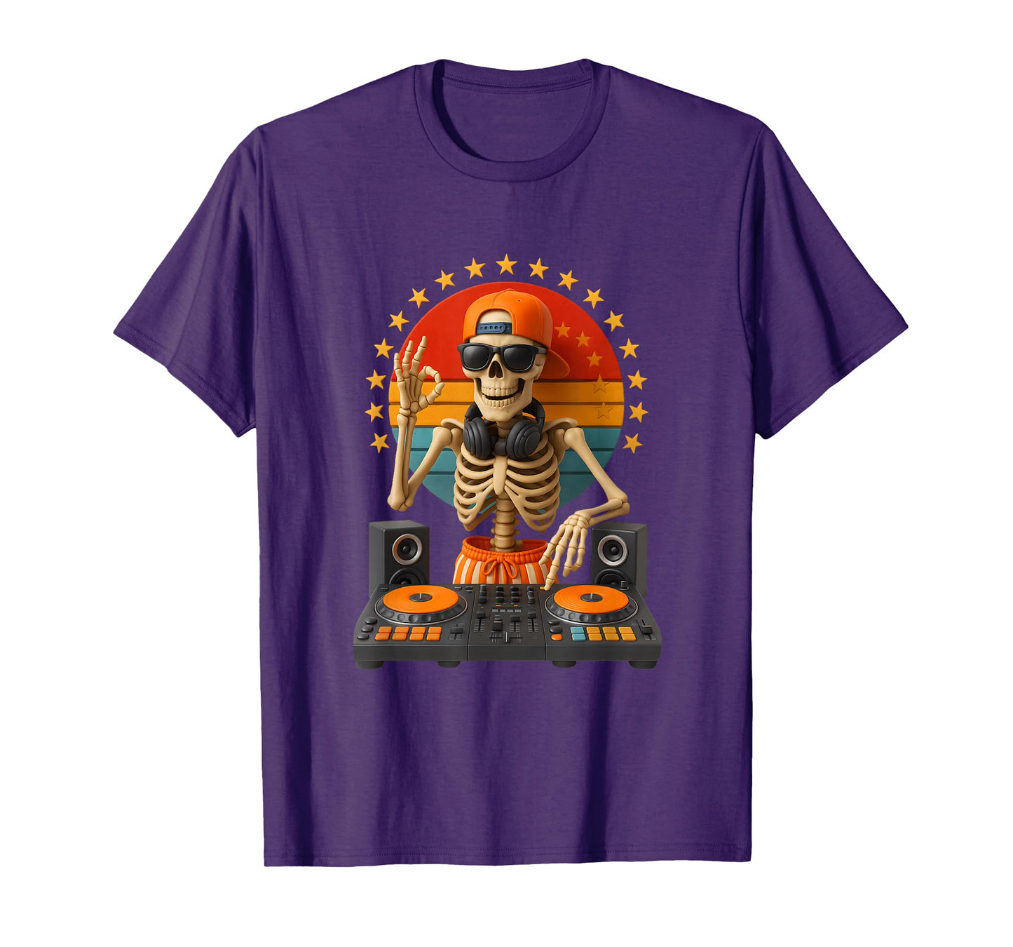 Skeleton Dj Mixing Turntable Music Sunset Halloween Party T-Shirt
