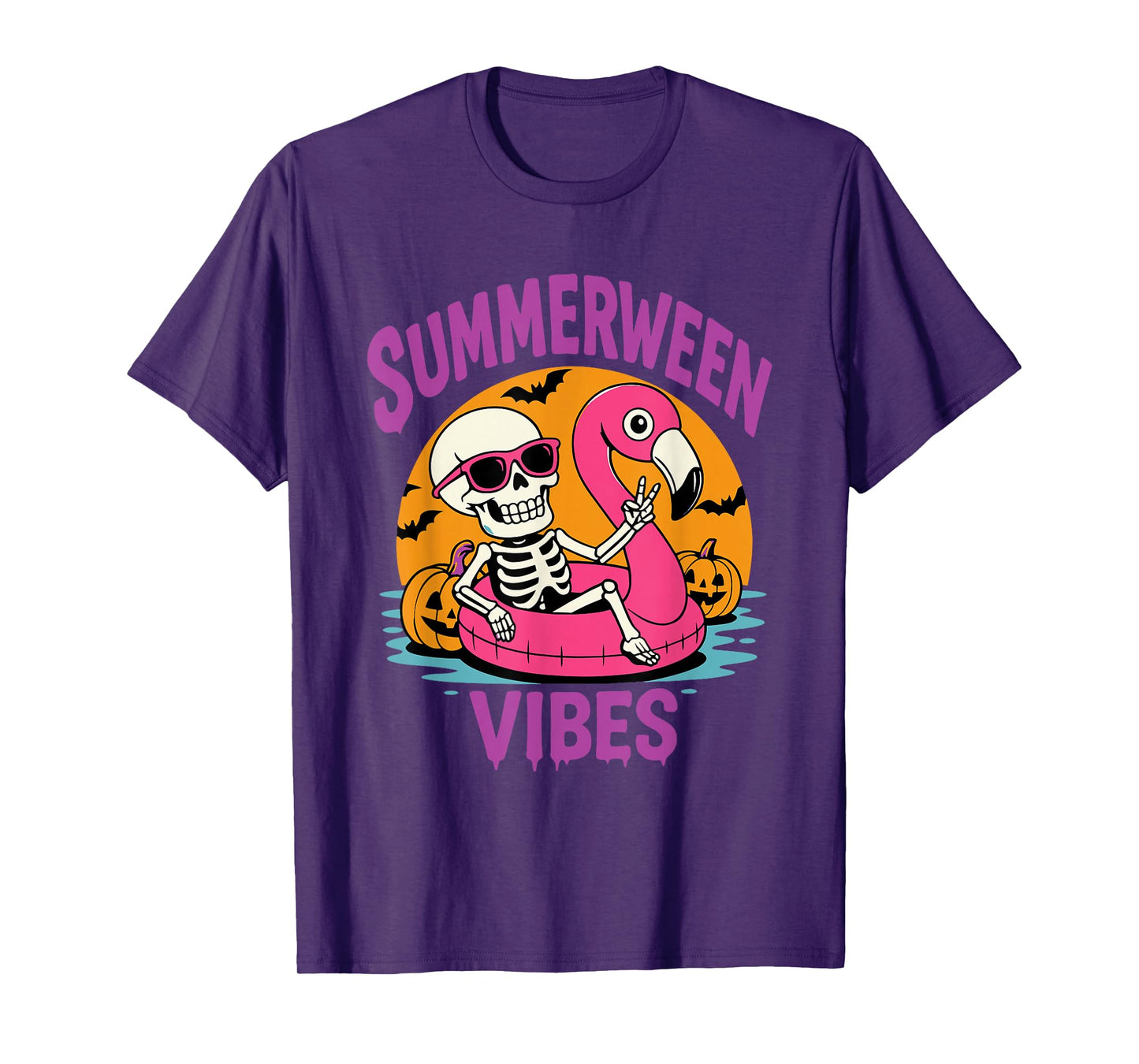 Summerween Skeleton Flamingo Spooky Funny Summer Halloween T-Shirt