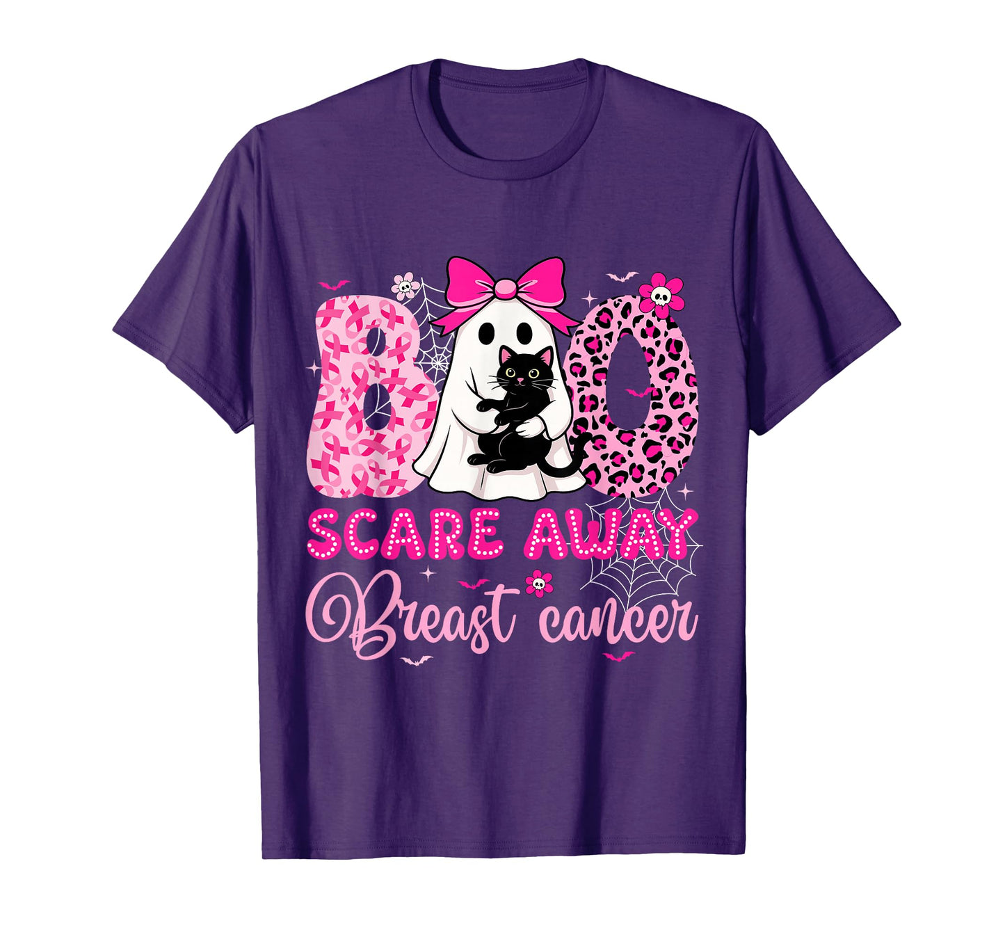 Boo Scare Away Breast Cancer Bow Cat Ghost Halloween Costume T-Shirt