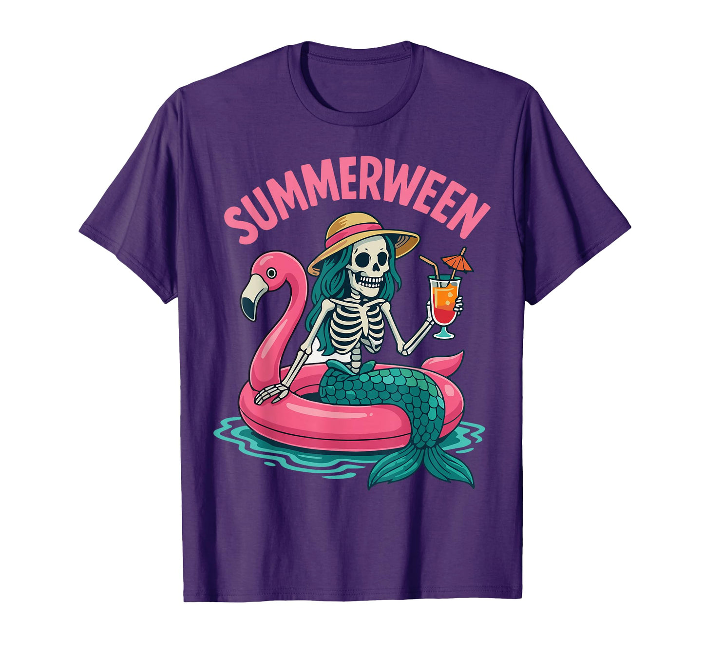Summerween Mermaid Skeleton Halloween Flamingo Summer Vacay T-Shirt
